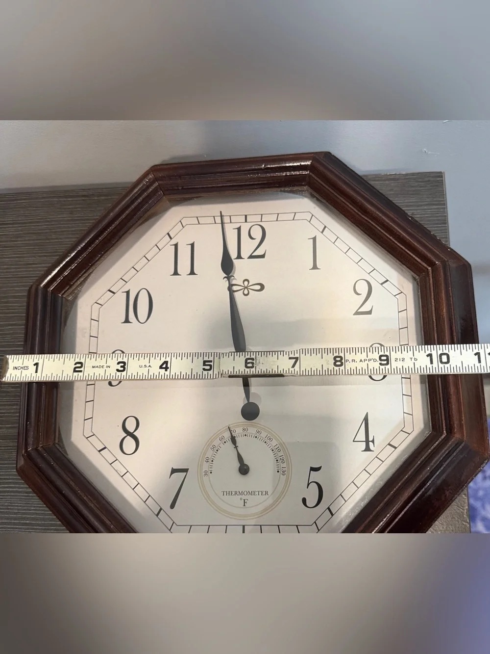 Vintage MCM Octagonal Brown Wall Clock with Thermometer - Home Wall Decor